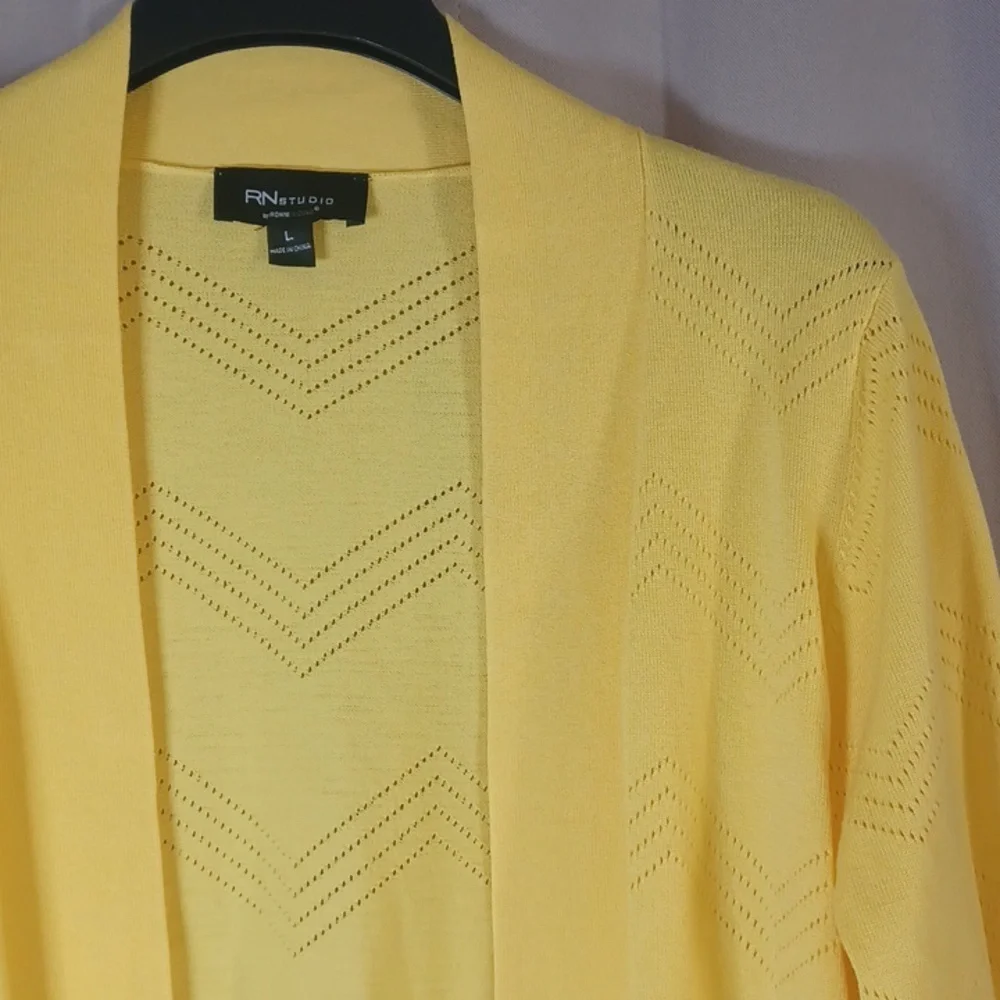 RN Studio Canary Happy Yellow Pointelle Open Front Cropped Cardigan Sweater